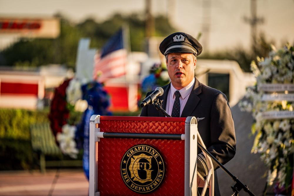 a pilot speaking at a Grapevine Fire Department lectern